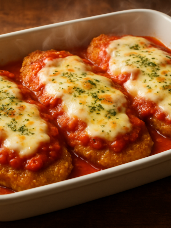 Carne moída à parmegiana com queijo mussarela derretido e molho de tomate caseiro em travessa branca