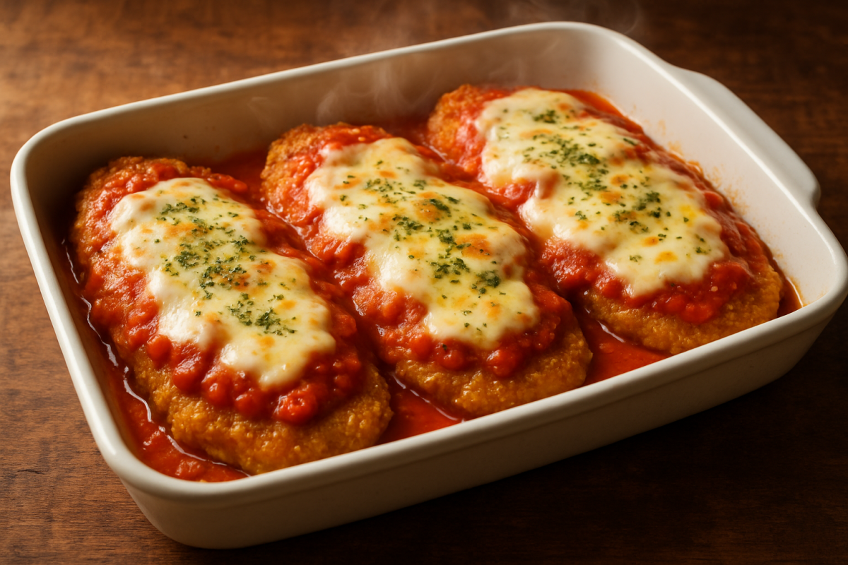 Carne moída à parmegiana com queijo mussarela derretido e molho de tomate caseiro em travessa branca