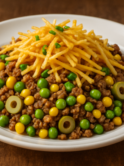 carne primavera com milho, ervilha e batata frita crocante em prato branco