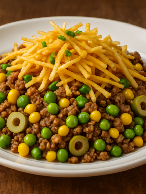 carne primavera com milho, ervilha e batata frita crocante em prato branco