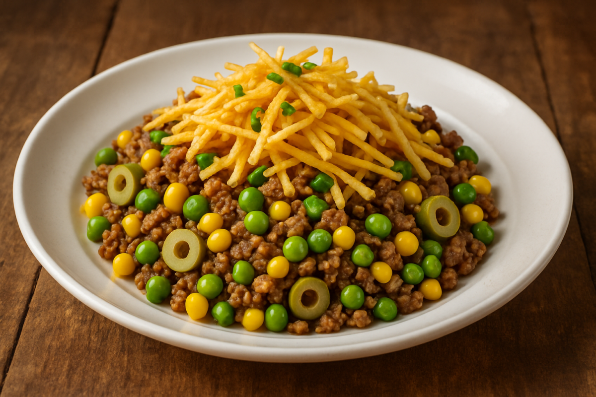 carne primavera com milho, ervilha e batata frita crocante em prato branco