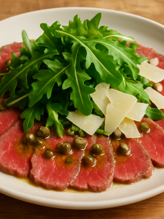 carpaccio de carne com molho de alcaparras, rúcula e parmesão em prato branco