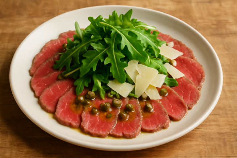 carpaccio de carne com molho de alcaparras, rúcula e parmesão em prato branco