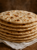 Chapati vegano macio empilhado em pano branco, com manchas douradas da frigideira