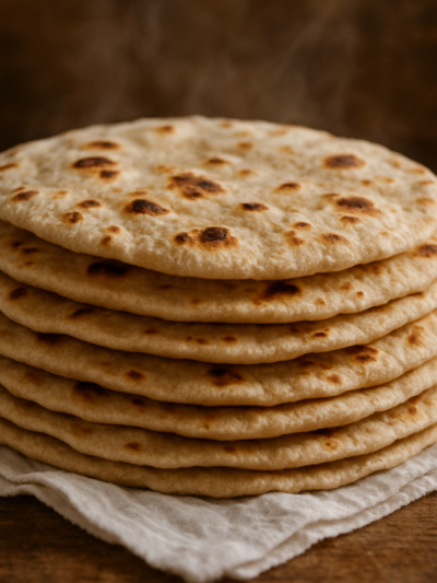 Chapati vegano macio empilhado em pano branco, com manchas douradas da frigideira