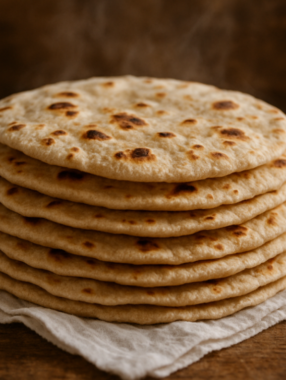 Chapati vegano macio empilhado em pano branco, com manchas douradas da frigideira