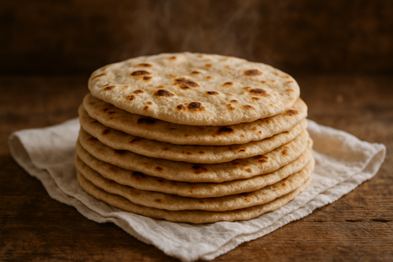 Chapati vegano macio empilhado em pano branco, com manchas douradas da frigideira