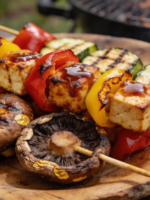 espetinhos de churrasco vegano com cogumelo portobello, tofu e pimentões grelhados com marcas de brasa