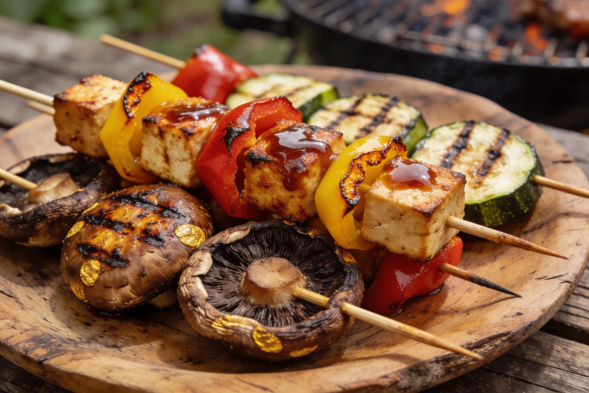 espetinhos de churrasco vegano com cogumelo portobello, tofu e pimentões grelhados com marcas de brasa