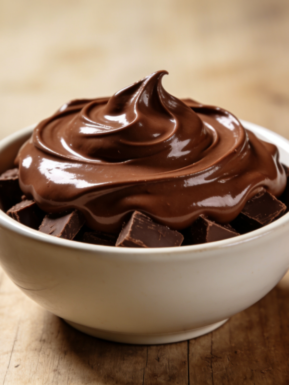 cobertura trufada cremosa de chocolate ao leite em tigela branca pronta para cobrir bolo