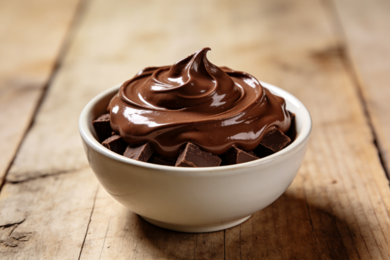 cobertura trufada cremosa de chocolate ao leite em tigela branca pronta para cobrir bolo
