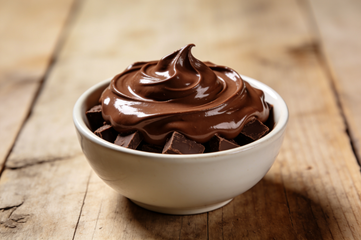 cobertura trufada cremosa de chocolate ao leite em tigela branca pronta para cobrir bolo