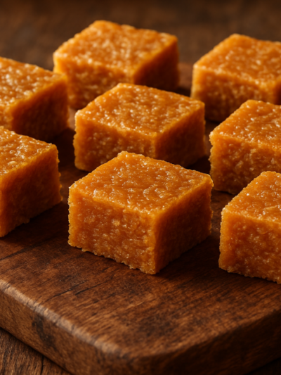 Cocada de corte tradicional brasileira em pedaços dourados com textura de coco caramelizado