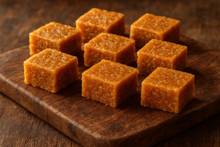 Cocada de corte tradicional brasileira em pedaços dourados com textura de coco caramelizado