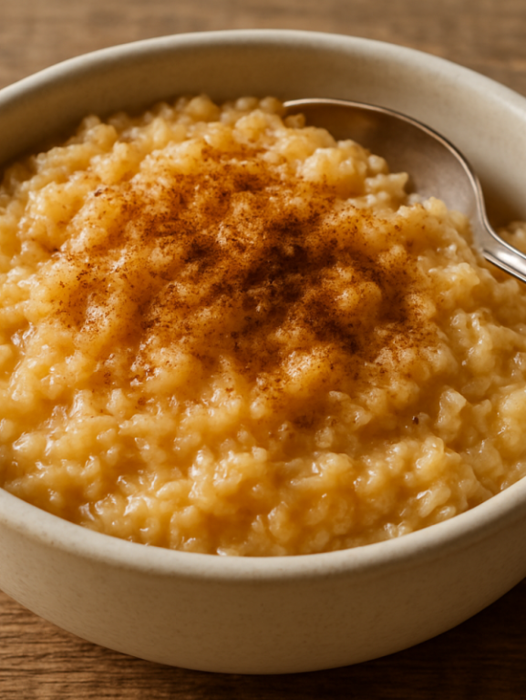 cocada express de colher cremosa com coco fresco e canela servida em tigela de cerâmica branca