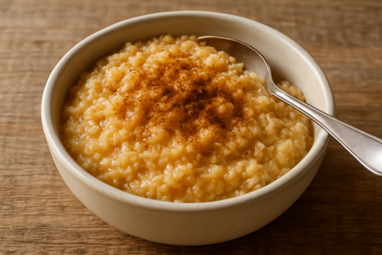 cocada express de colher cremosa com coco fresco e canela servida em tigela de cerâmica branca