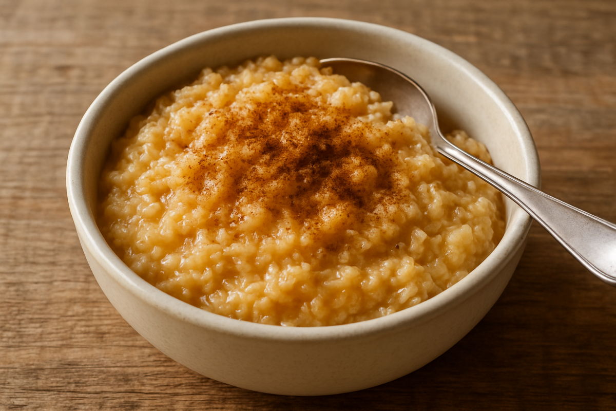 cocada express de colher cremosa com coco fresco e canela servida em tigela de cerâmica branca
