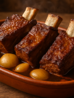 costela de quatro macia com cebolas inteiras servida em travessa rústica com caldo escuro
