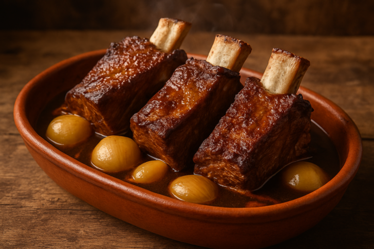 costela de quatro macia com cebolas inteiras servida em travessa rústica com caldo escuro