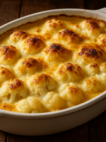 couve-flor ao molho de requeijão gratinada com parmesão dourado em refratário oval