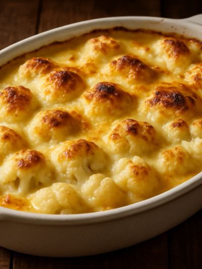 couve-flor ao molho de requeijão gratinada com parmesão dourado em refratário oval