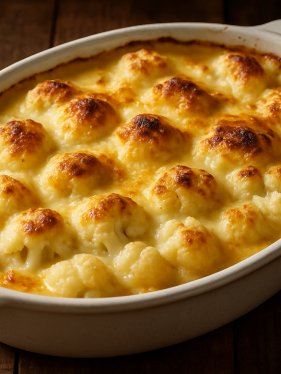 couve-flor ao molho de requeijão gratinada com parmesão dourado em refratário oval