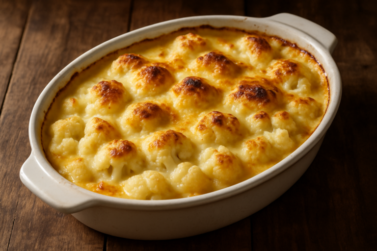 couve-flor ao molho de requeijão gratinada com parmesão dourado em refratário oval