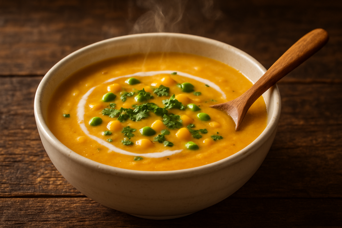 tigela de creme de assu cremoso com milho verde, ervilha e coentro fresco por cima