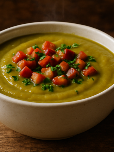 Tigela de creme de ervilha com bacon crocante e salsinha fresca por cima