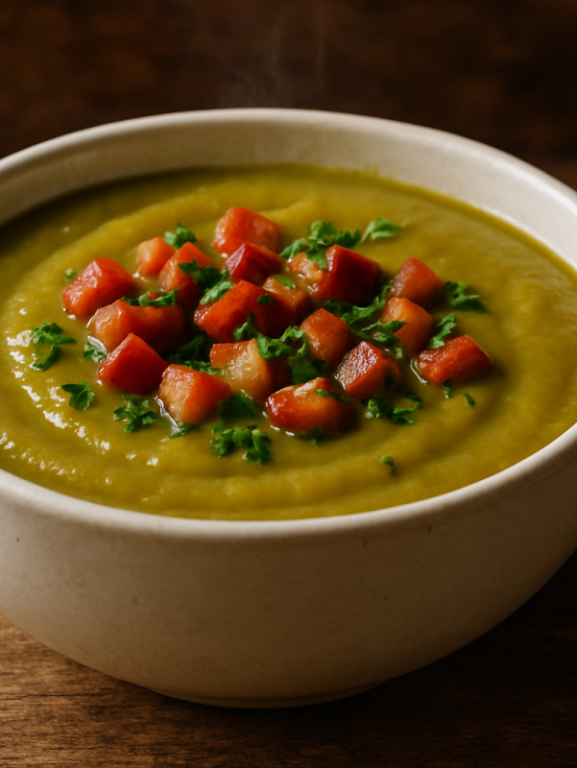 Tigela de creme de ervilha com bacon crocante e salsinha fresca por cima