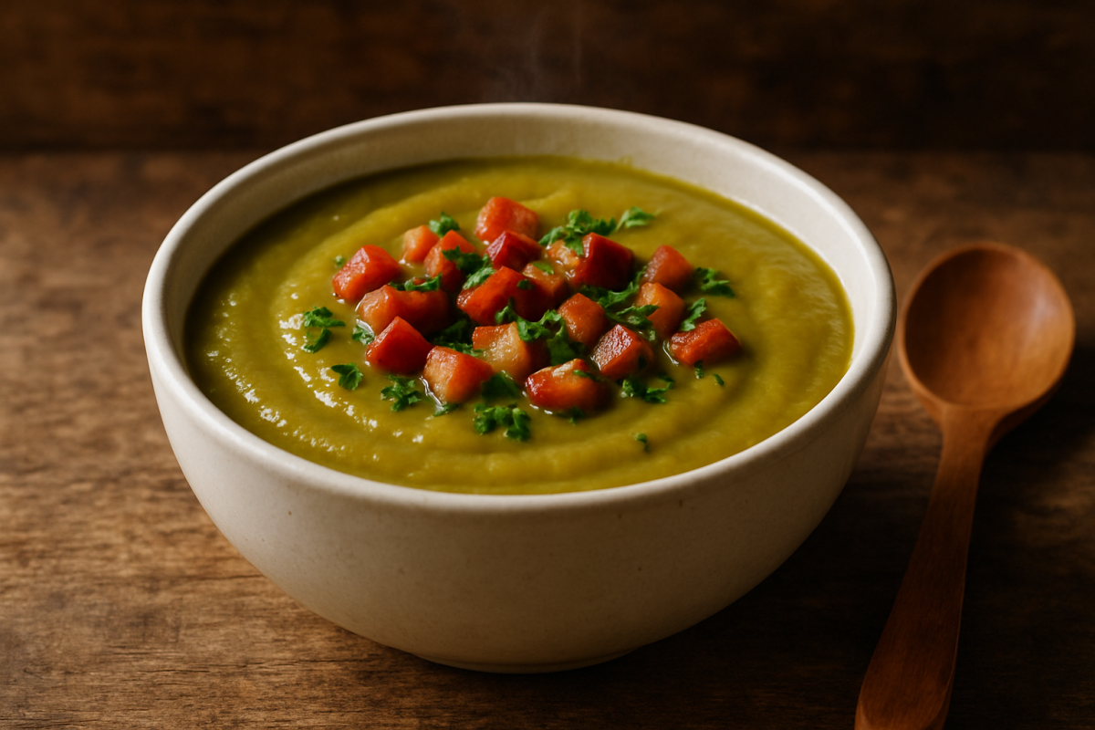 Tigela de creme de ervilha com bacon crocante e salsinha fresca por cima
