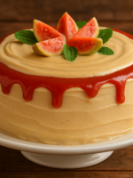 Creme de goiaba cremoso servido em taça de vidro com decoração de goiabada
