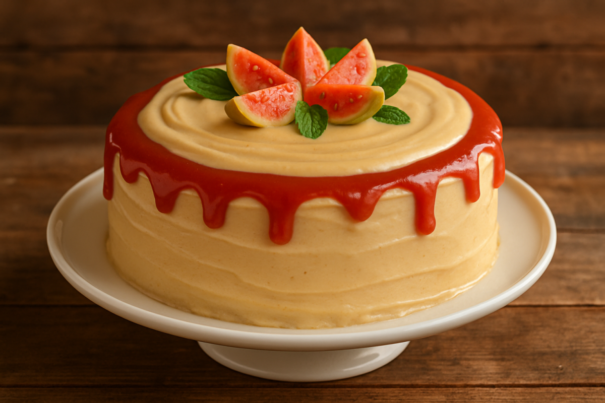 Creme de goiaba cremoso servido em taça de vidro com decoração de goiabada