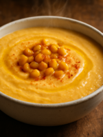 Tigela com creme de milho cremoso amarelo-dourado finalizado com grãos de milho e fio de azeite