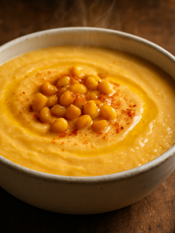 Tigela com creme de milho cremoso amarelo-dourado finalizado com grãos de milho e fio de azeite