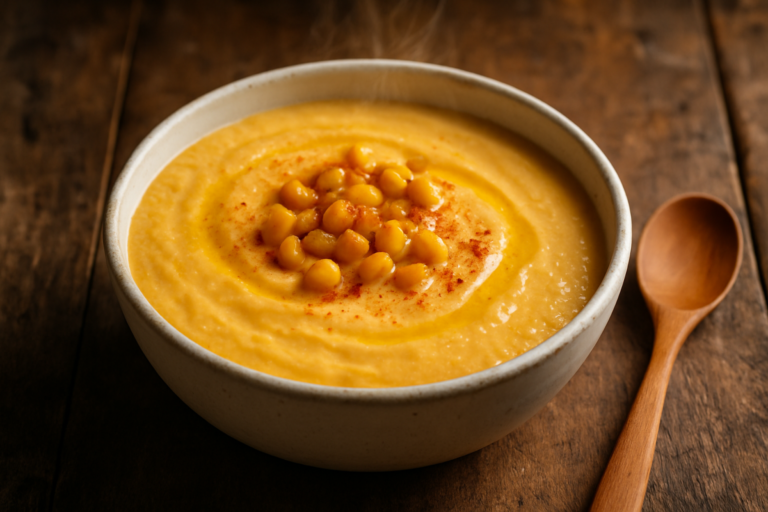 Tigela com creme de milho cremoso amarelo-dourado finalizado com grãos de milho e fio de azeite