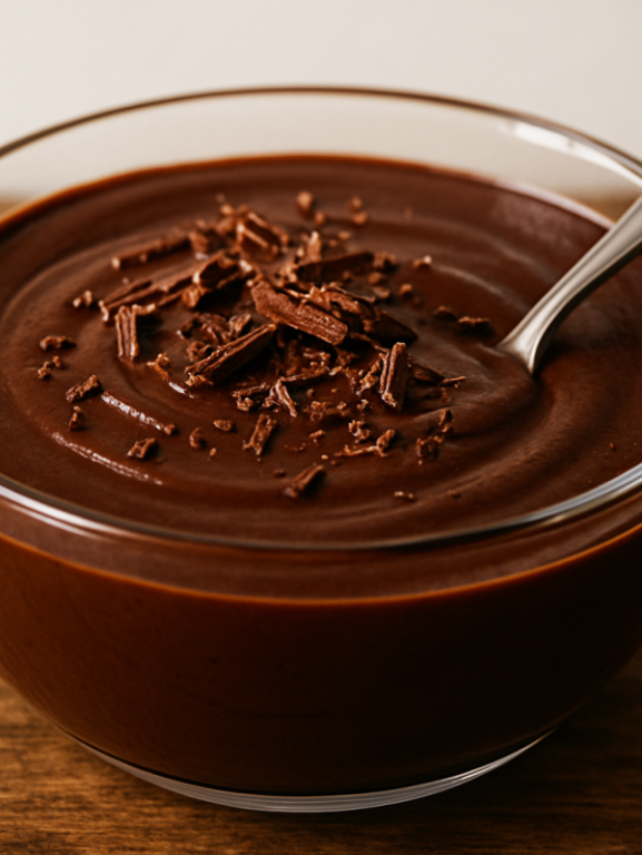 creme tipo chandelle de chocolate caseiro em tigela de vidro com raspas de chocolate por cima