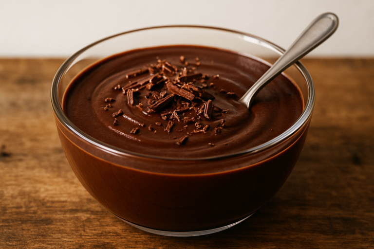 creme tipo chandelle de chocolate caseiro em tigela de vidro com raspas de chocolate por cima