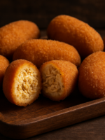 croquete de frango crocante dourado cortado ao meio mostrando recheio de frango temperado