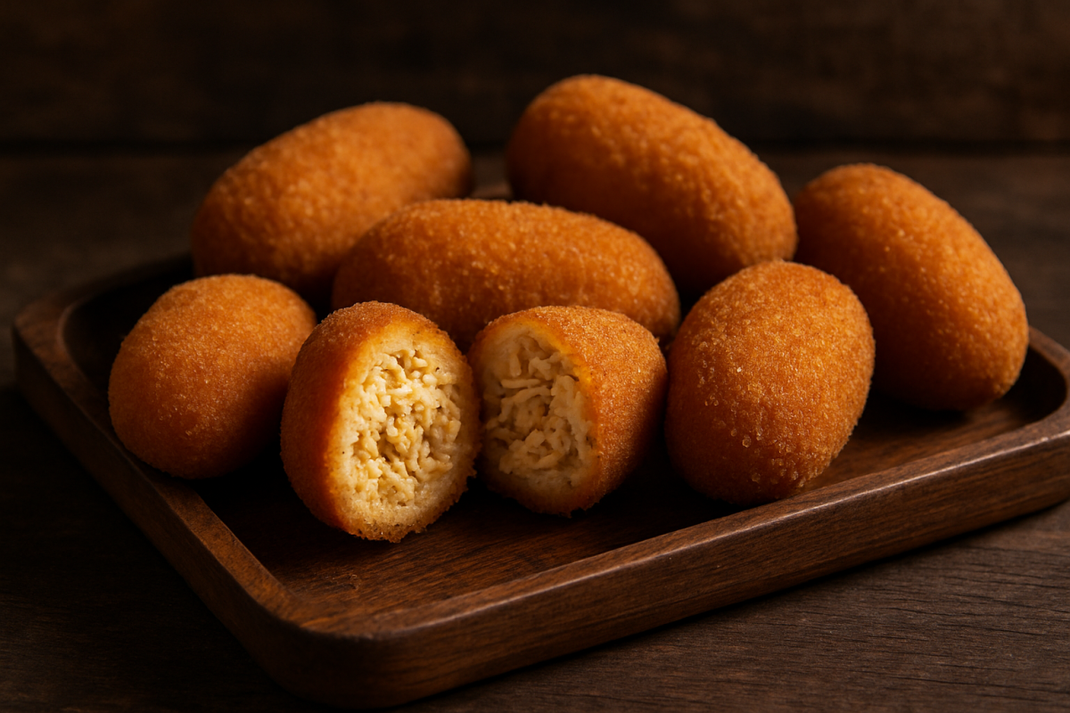 croquete de frango crocante dourado cortado ao meio mostrando recheio de frango temperado