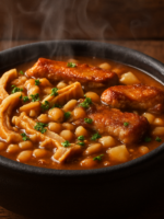 dobradinha à brasileira com feijão branco, costelinha e bacon em panela de barro com caldo encorpado e salsinha