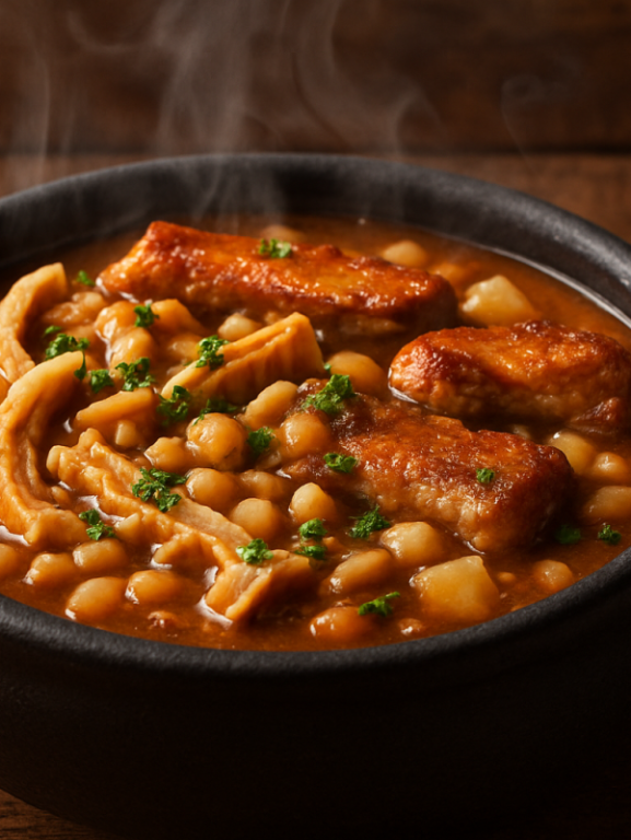 dobradinha à brasileira com feijão branco, costelinha e bacon em panela de barro com caldo encorpado e salsinha