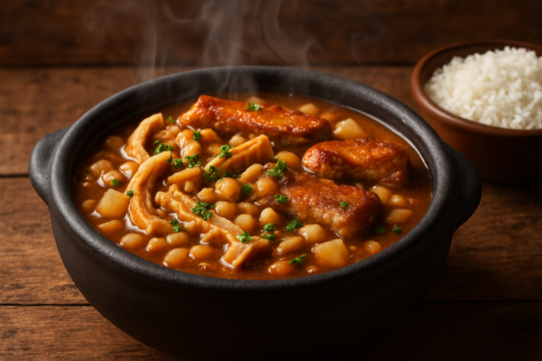 dobradinha à brasileira com feijão branco, costelinha e bacon em panela de barro com caldo encorpado e salsinha