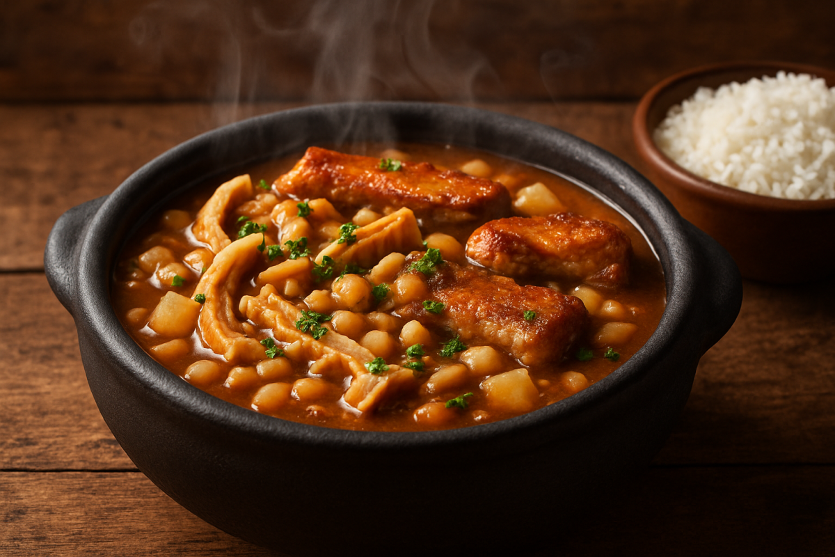 dobradinha à brasileira com feijão branco, costelinha e bacon em panela de barro com caldo encorpado e salsinha