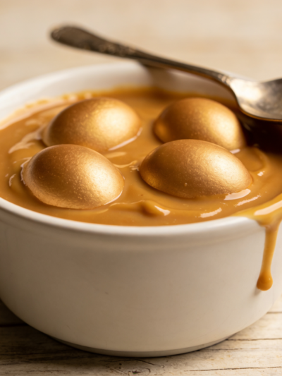 tigela com doce de leite com ovos cremoso e dourado, textura aveludada e brilhante