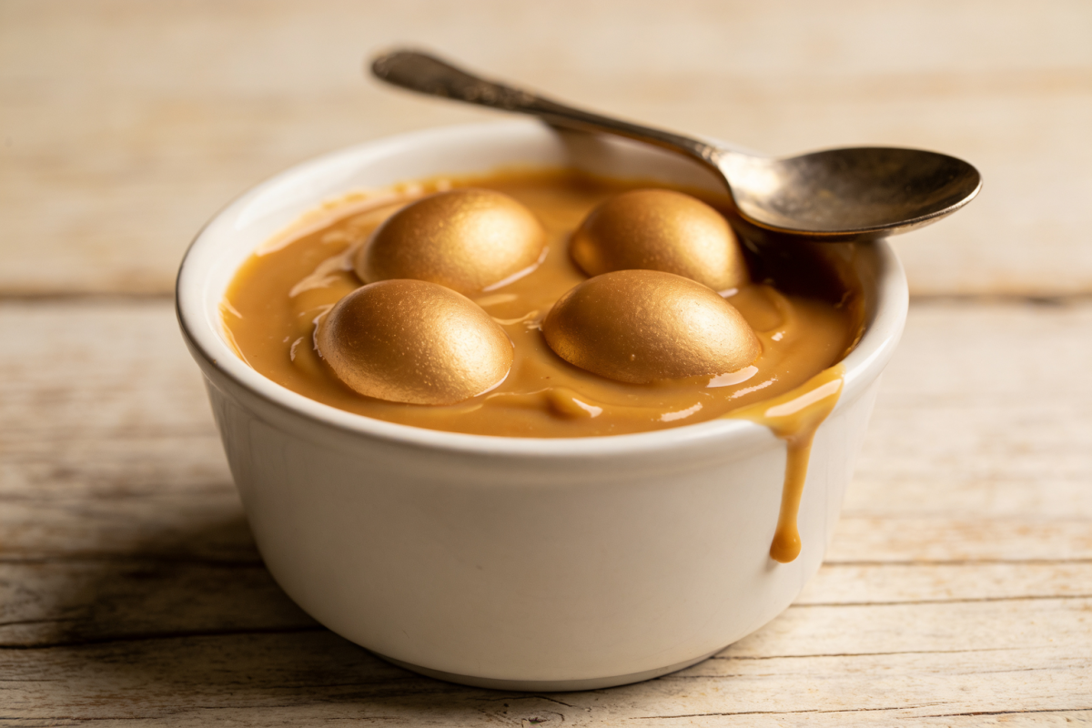 tigela com doce de leite com ovos cremoso e dourado, textura aveludada e brilhante
