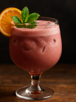 drink de vinho cremoso gelado servido em taça transparente com decoração de hortelã e laranja