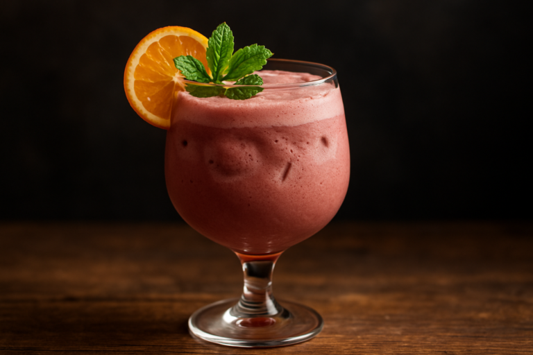 drink de vinho cremoso gelado servido em taça transparente com decoração de hortelã e laranja
