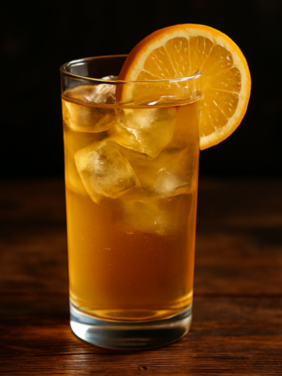 drink translúcido em copo longo com gelo e rodela de laranja na borda