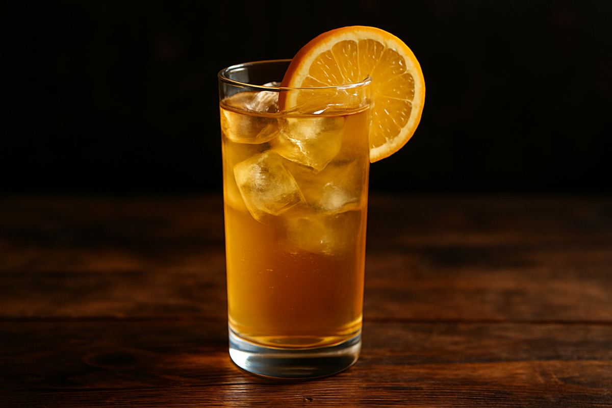 drink translúcido em copo longo com gelo e rodela de laranja na borda